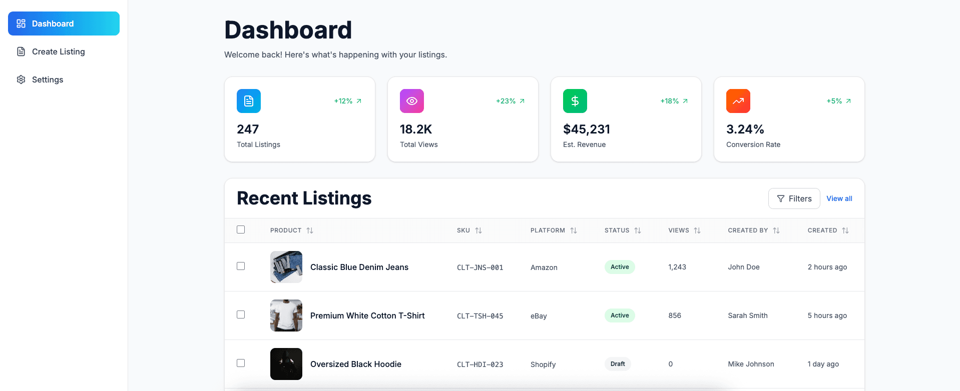 Product dashboard interface showing analytics and metrics